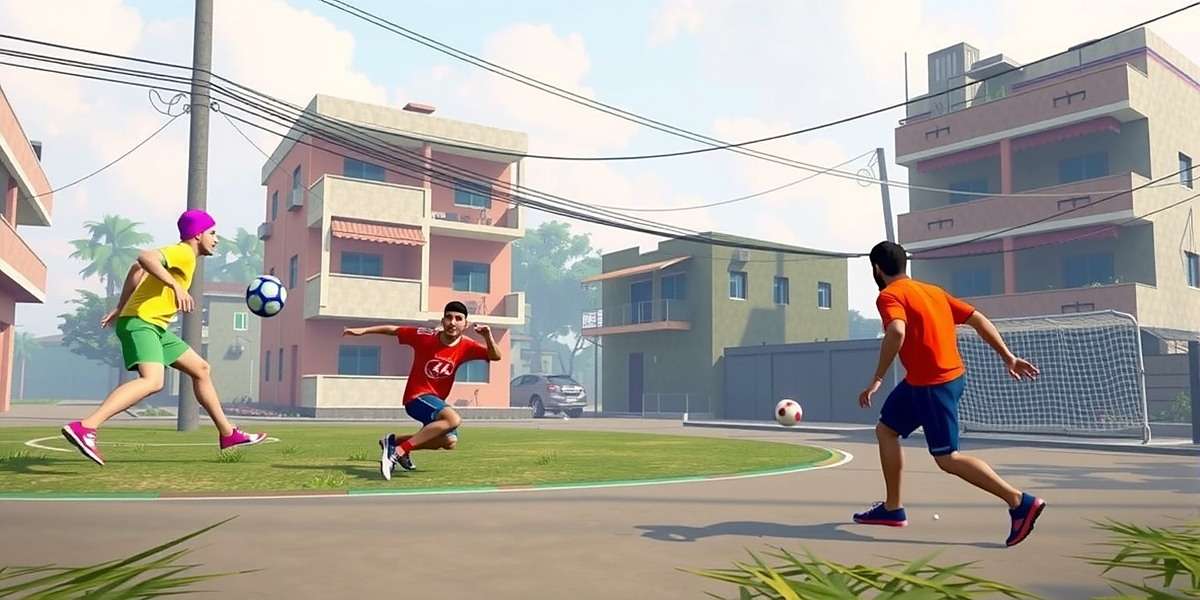 Fiesta Kick Masters Street Match Gameplay Fiesta Kick Masters gameplay showing a 3v3 street football match in an Indian neighborhood